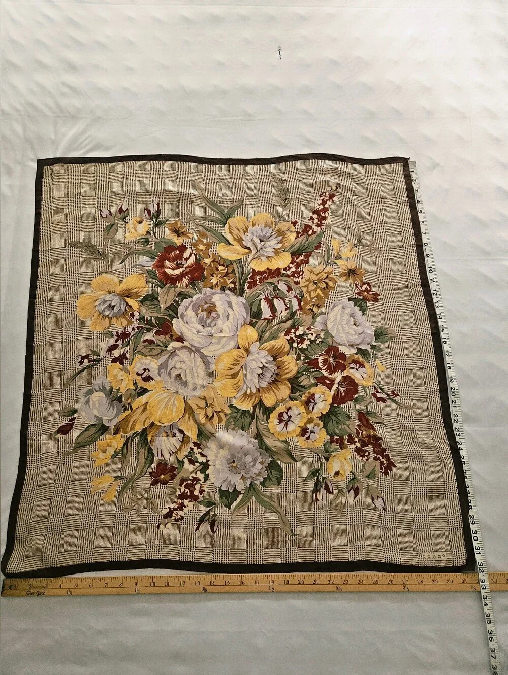 Echo Silk Floral Bouquet Glen Plaid Square Scarf Brown Gold 32